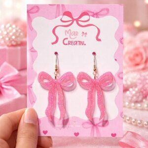 Pink Glitter Bow Earrings | Cute Girly Statement Dangles